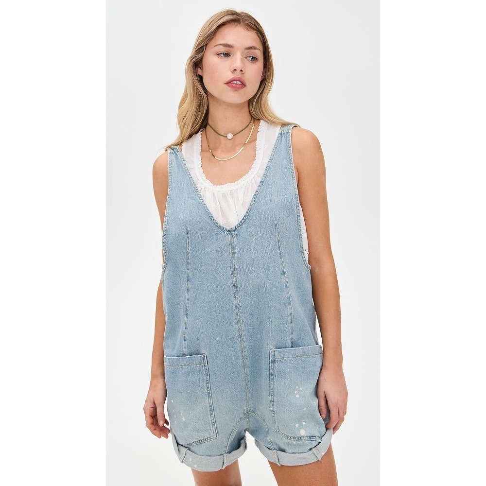 We The Free High Roller Shortall Denim Romper Overalls Bright Eyes Light Wash M